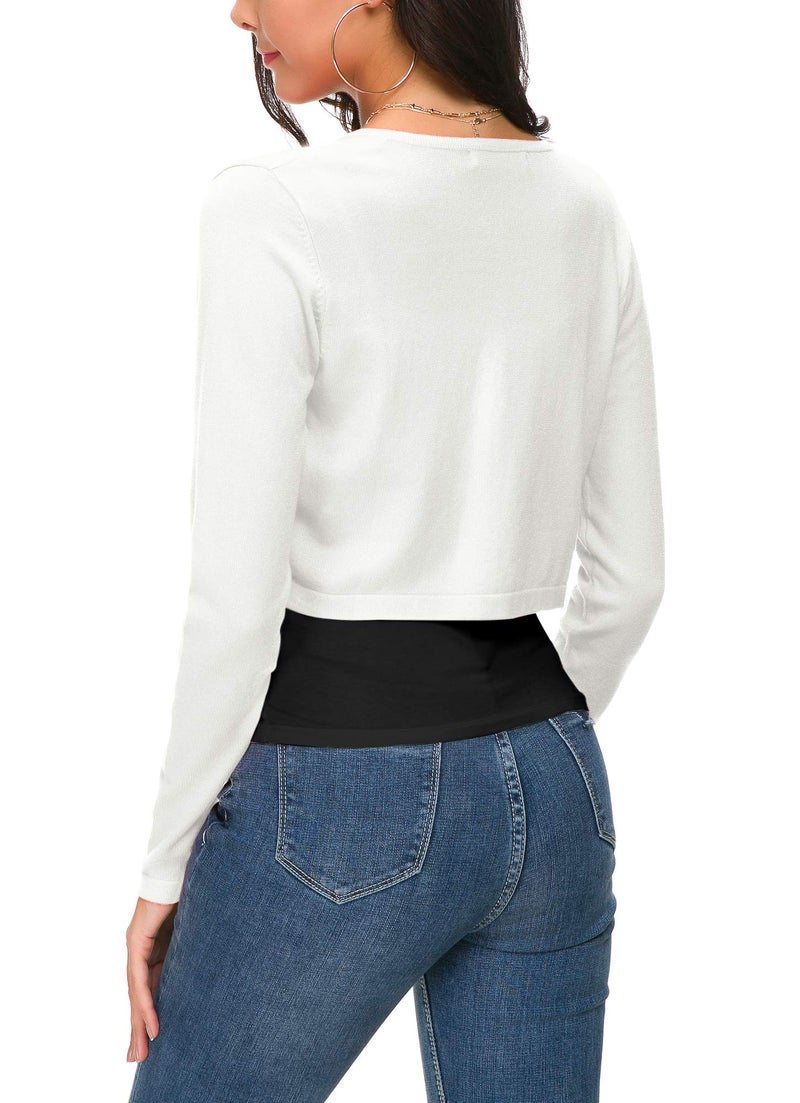 EXCHIC Women's Cropped Knit Cardigan Sweater Long Sleeve Button Down Open Front Bolero Shrug for Spring and Fall (S, White) - Image 5